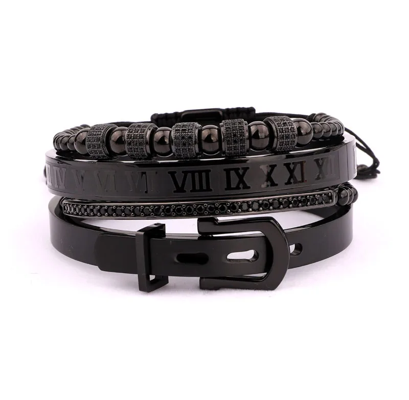 New design luxury CZ crown charm stainless steel belt bangle macrame bracelet set for men women