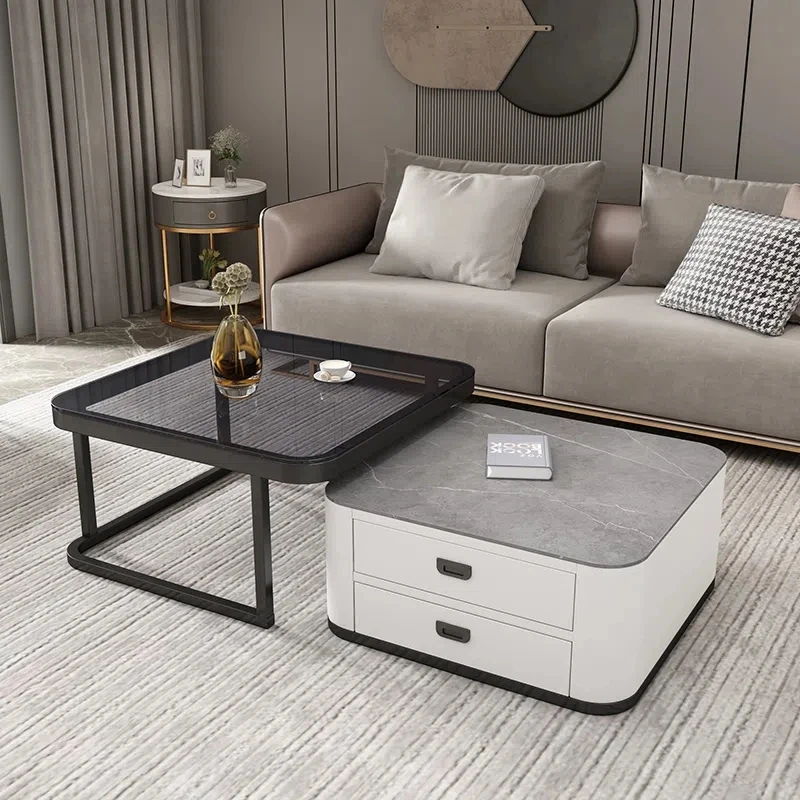 Light Luxury Modern Living Room Household Small Flat Rock Plate square Retractable Glass TV Stand Set