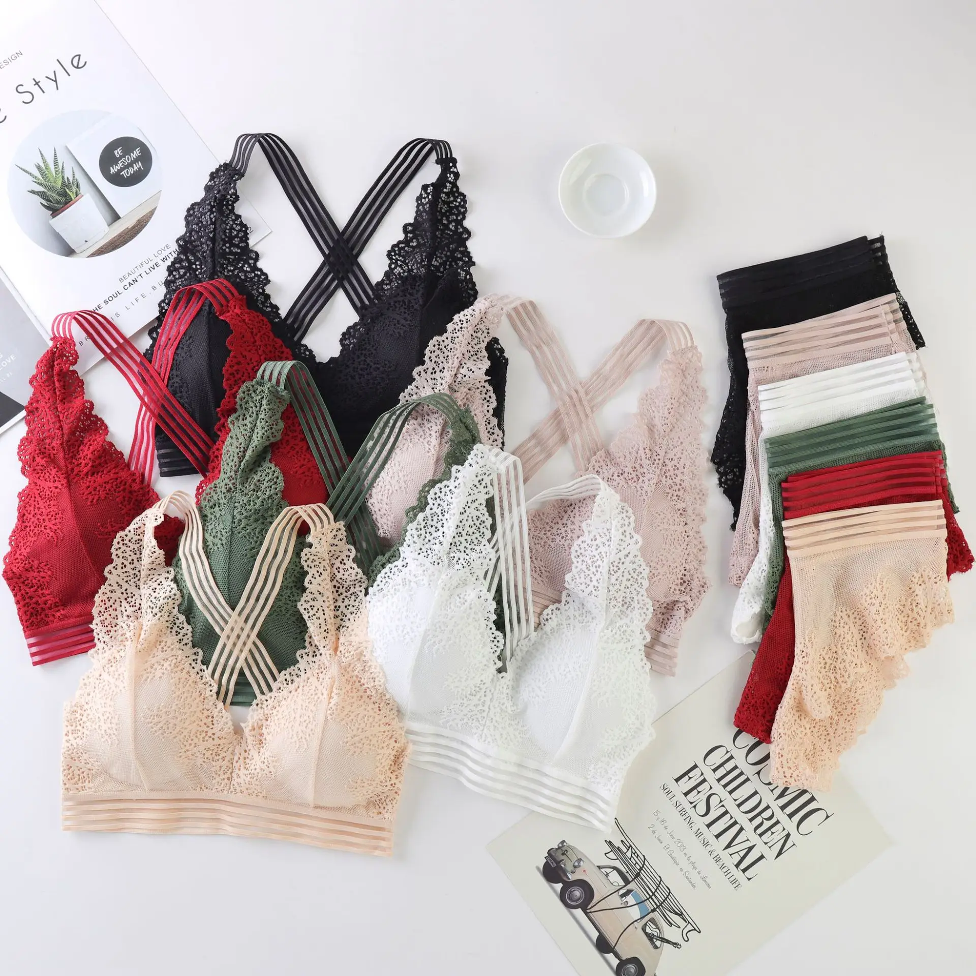 Deep V neck lace brallet bra panty set fashion embroidery lace triangle halter bra brief set wireless bra with removable pads