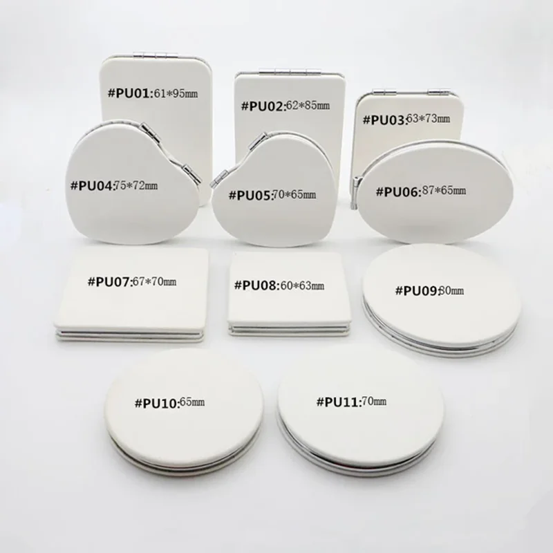 Print Your LOGO White Color Blank Double Sides Round Square Heart Mirror PU Leather Portable Little Pocket Mirror
