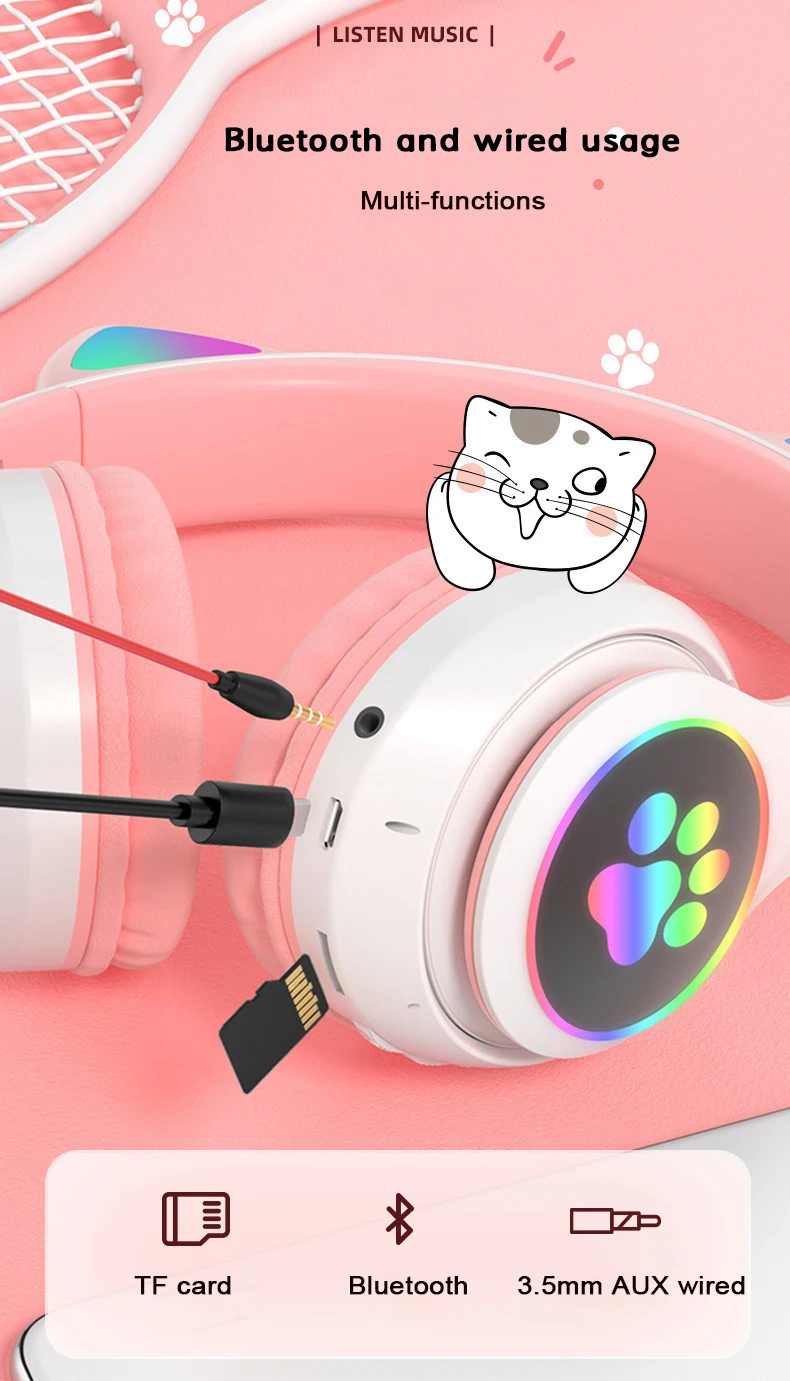 Best seller led light cat ear wireless headphones for kids girls cat headphones wireless