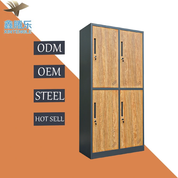 4-Door Personal Use Steel Wardrobe with Transfer Wood Grain Design Bedroom Furniture with Shelves for Home or School