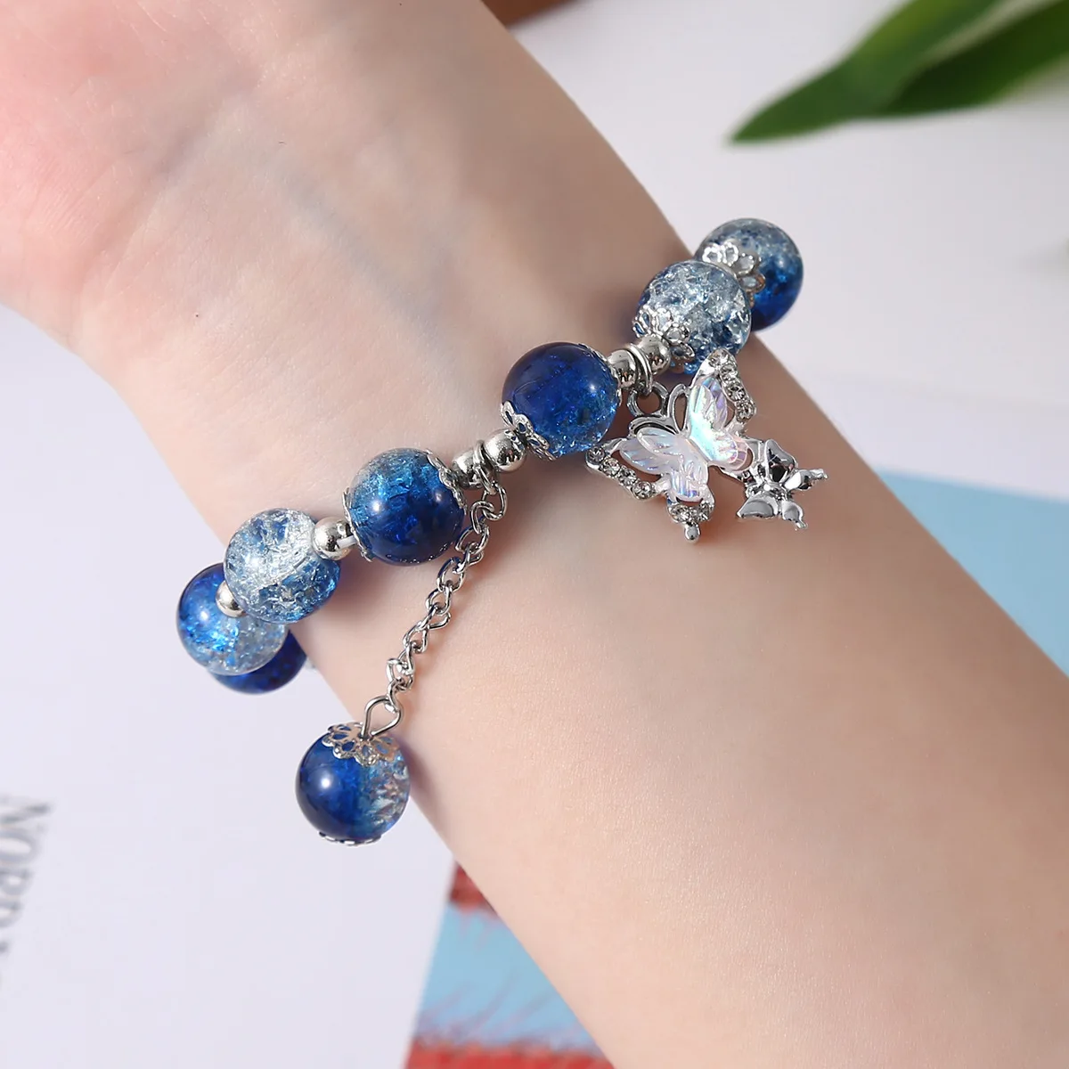 INS Fantasy Popcorn Cracked Crystal Beads Bracelet Butterfly Charm Gradient Color Girl Women Friendship Bracelets Jewelry Gift