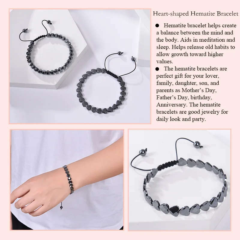 Wollet Loose Beads Heart Fashion Adjustable Magnetic Natural Stones Beaded Hematite Bracelet