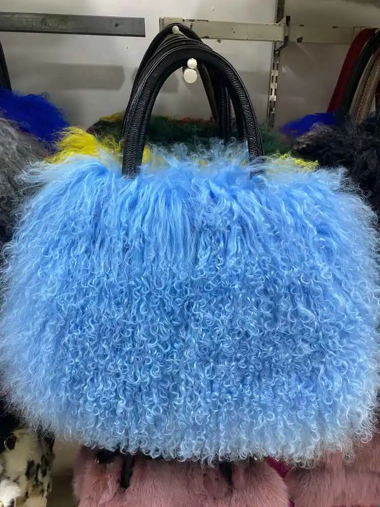 MWfur Mongolian Lamb Handbag Korean Style Fashion Curly Long Hair Furry Tote Bag Lamb Fur Bags for Women