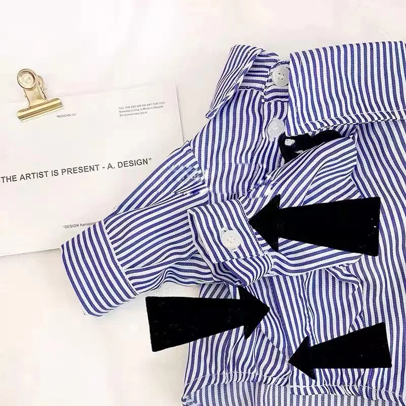 INS Pet Dog Blue And White Striped Heart Shirt With Owner Thin Shirt For Spring/summer