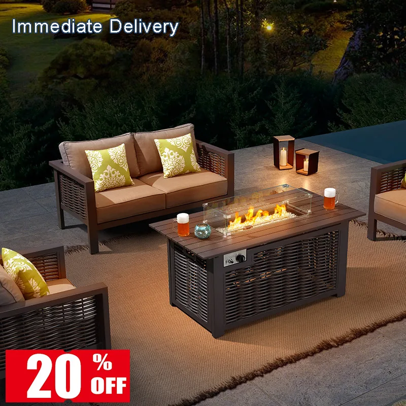 Ready to ship outdoor rope furniture patio garden rattan wicker sale set with fire pit