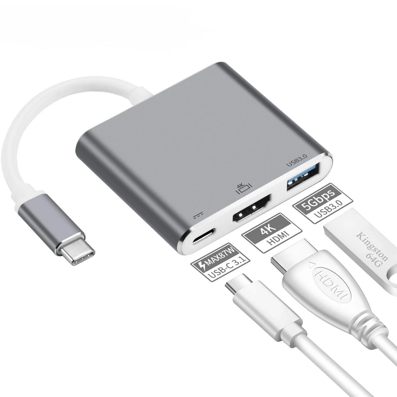 In Stock Type-C Cable 3 in 1 Type C to Hd-mi 4K USB 3.0 Hub