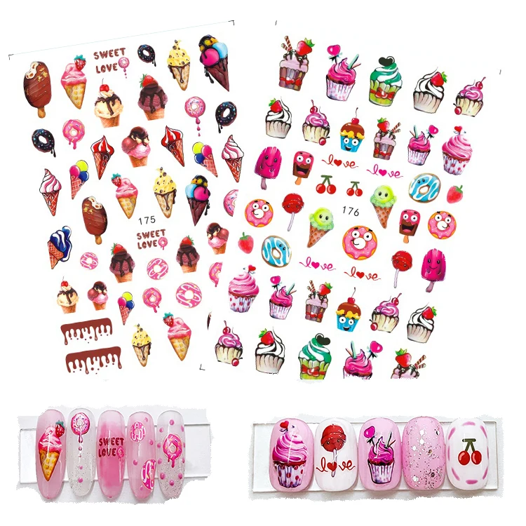Wholesale 3D Summer Nail Arts Stickers Ice Cream Chocolate Flowers Adhesive Nail Decal Press On Nail Customize