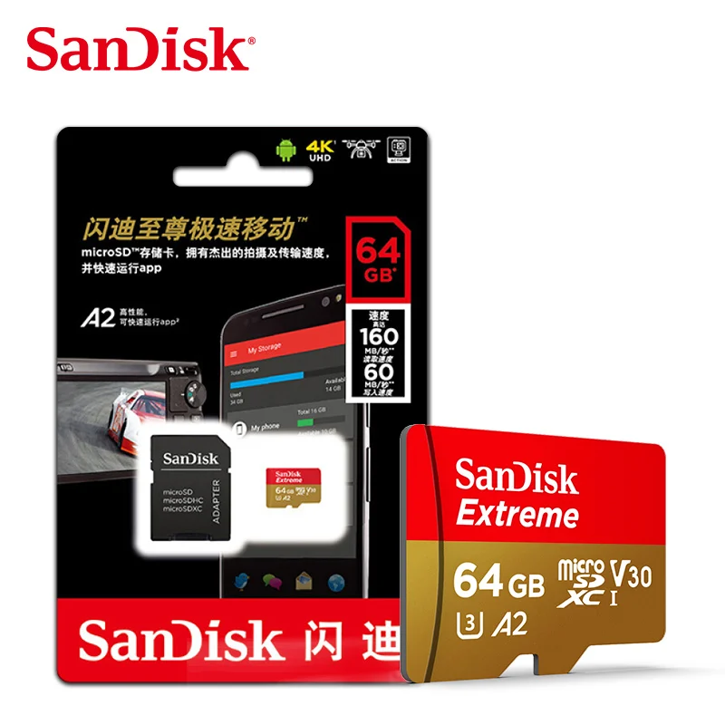 Оптовая продажа двойной флеш-накопитель SanDisk A2 Extreme SD Card 64 Гб V30 100 МБ/с. U3 флэш-памяти TF Mirc0/S/D X C карта поддерживает 4K HD