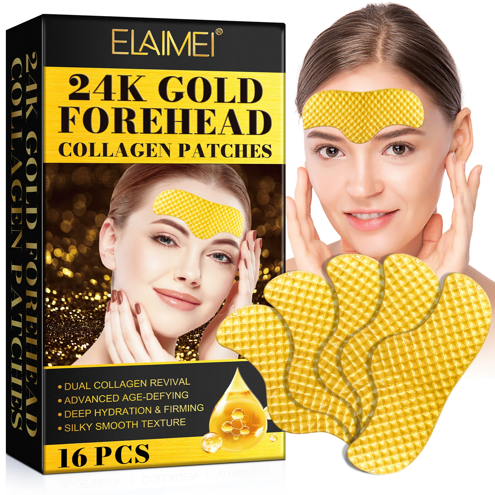 ELAIMEI 16pcs Facial Skin Care Deep Hydration Firming Anti Aging Anti Wrinkle Patches 24K Gold Forehead Collagen Wrinkle Patches