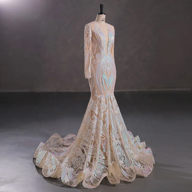 Ladies Sexy Slim Hip Boobs in Tight Evening Dress Full Sleeves Black Girls Plus Size Elegant Sequin Prom Cocktail Mermaid Gown