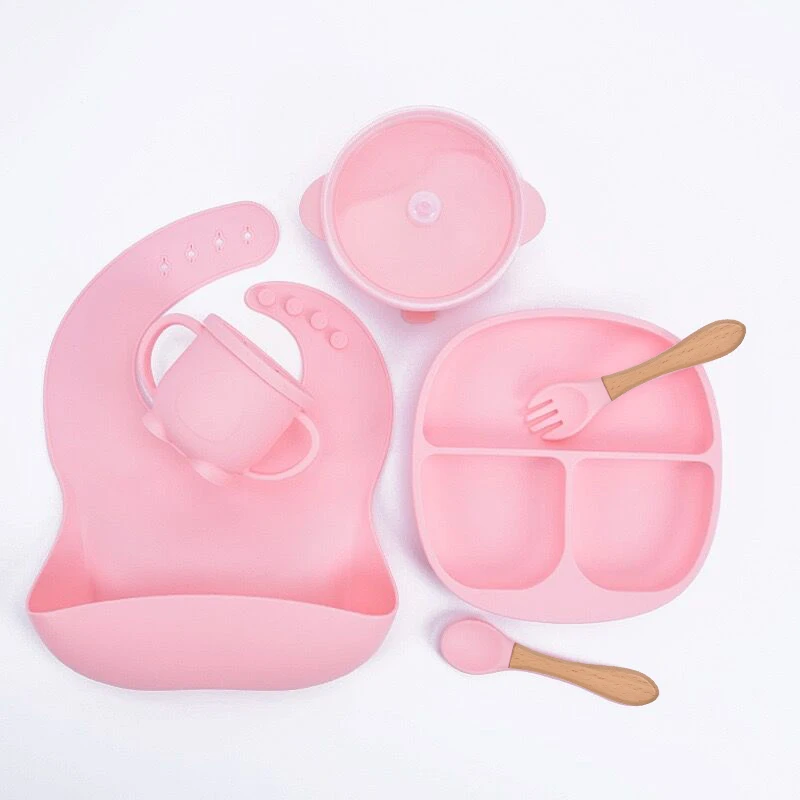 NEW Weaning Set Baby Tableware Bib Plate Suction Bowls Silicone Baby Feeding Set