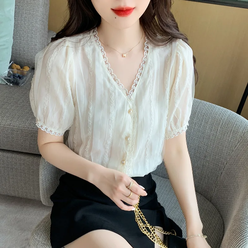 Women Ladies V-Neck Short Sleeve Lace Chiffon Tops and Blouses