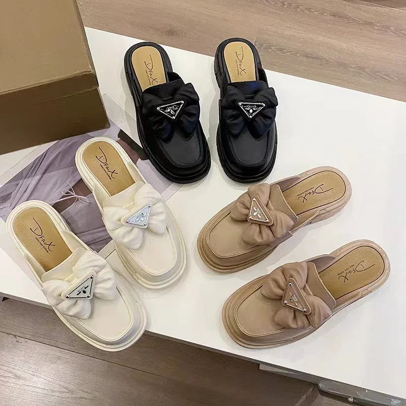 2023 New Black White Fashion Bow Button Loafers Women Chunky Shoes Slip on Spring Summer Female