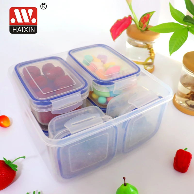 Haixing Plastic clear food containers with four sides locked lid 0.3L/0.45L/5L Lunch Box fridge Organizer Box 7PCS
