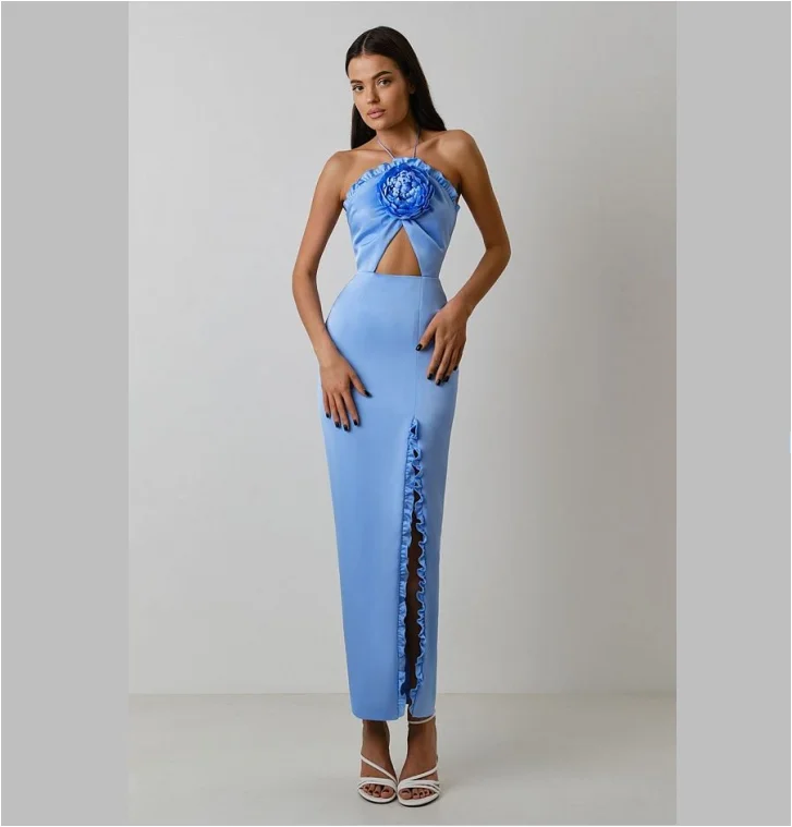 Summer sexy 3D flower halter bandage gown evening dress backless long women formal dress