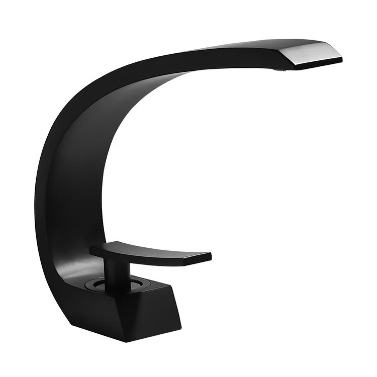 Brass Unique C Shape Black Bathroom Faucet Matte Waterfall Sink Single Handle Hot and Cold Bathroom Basin Faucet