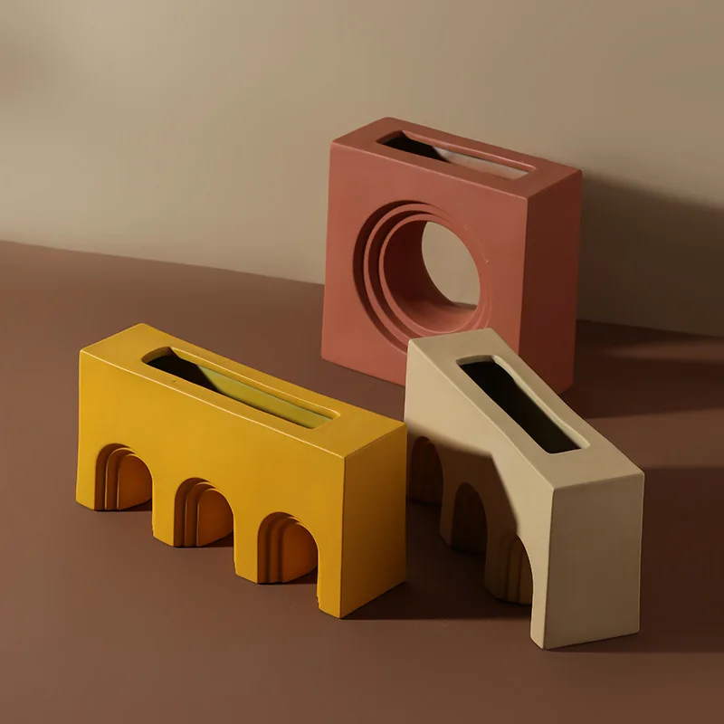 INS Wholesale Modern Irregular Nordic Home Decor Custom Shaped modern geometric Morandi color Architect Arrangement Ceramic Vase