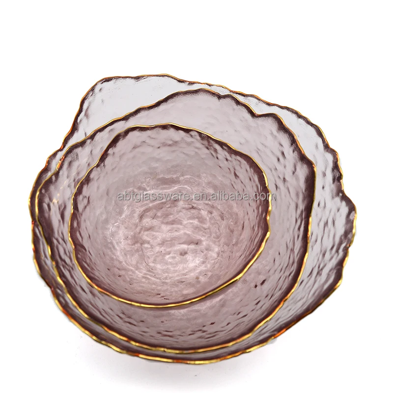 Dinnerware Irregular Purple Gold Rimmed Hammered Snack Fruit Glass Bowl Salad Candy Bowl