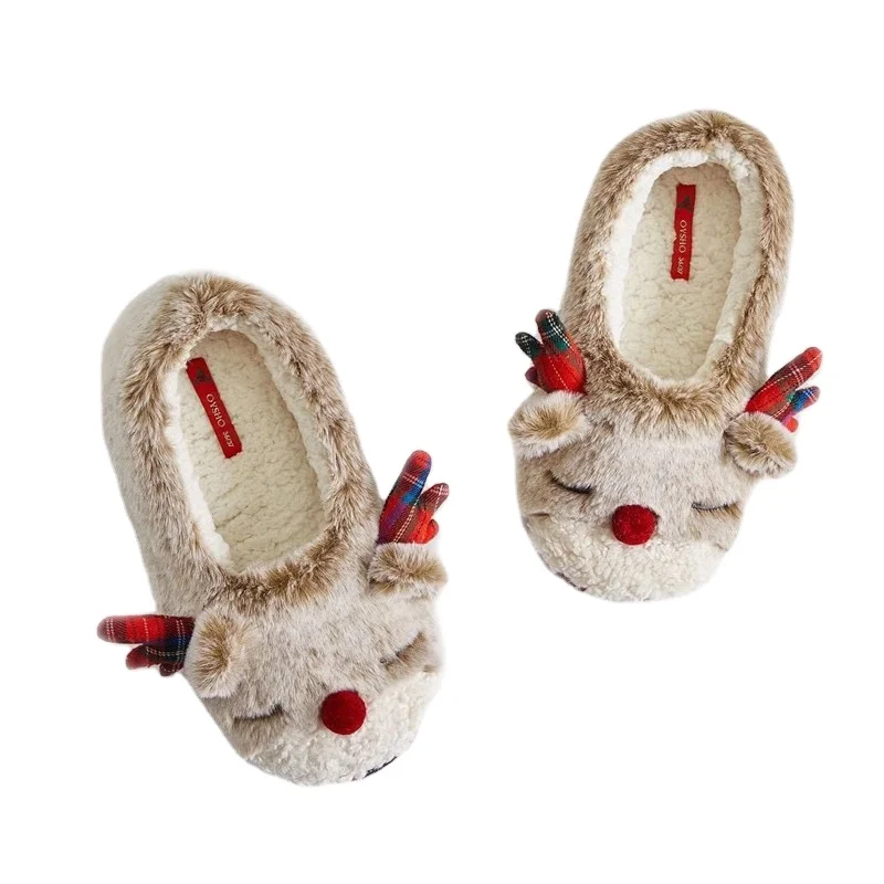 Lovely winter female cotton slippers plush home cartoon christmas elk shoes indoor outside anti-skid soft bottom slippers