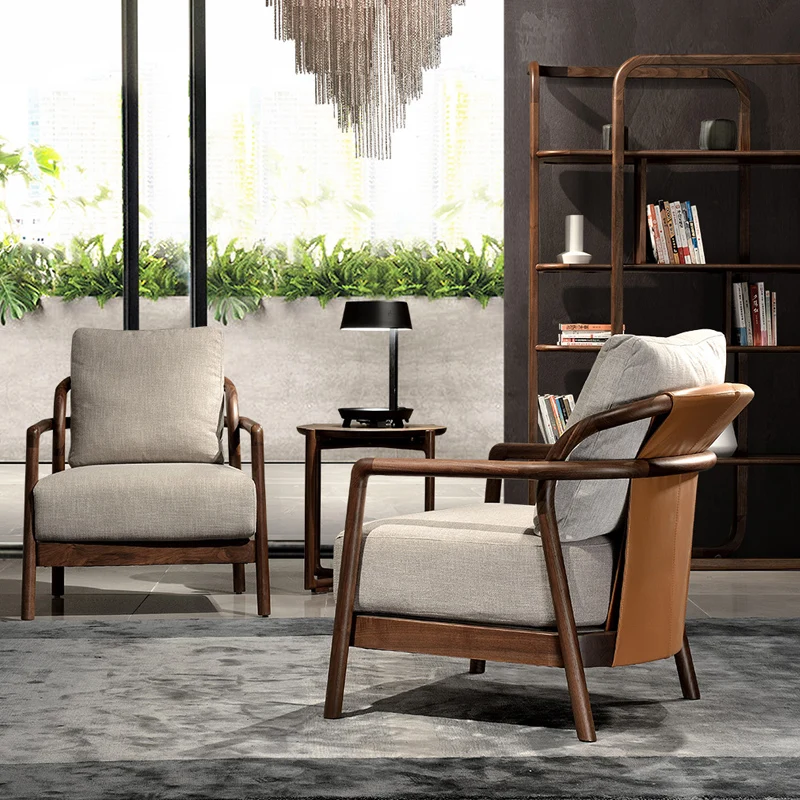 Modern Living Room Chairs Wood Fabric Leisure Chair 1 Piece Nordic Bedroom Chair Wabi-sabi with Armrest Simply Walnut Solid