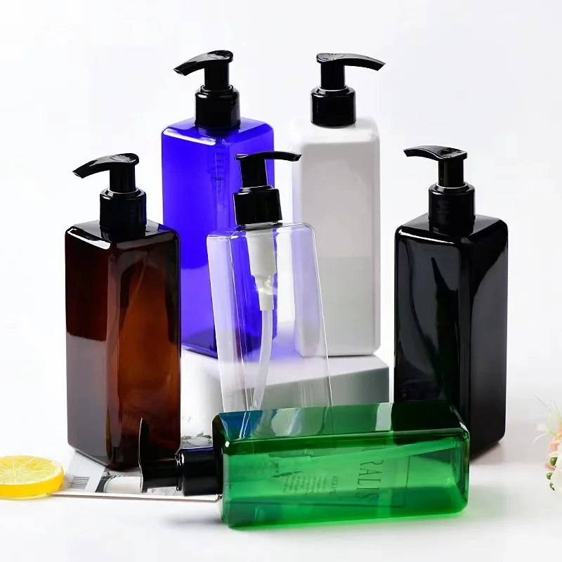 Wholesale Empty Cosmetic Pump Containers 500ml 300ml Square Shampoo Body Lotion PET Plastic Bottles with Black Lotion Pumps