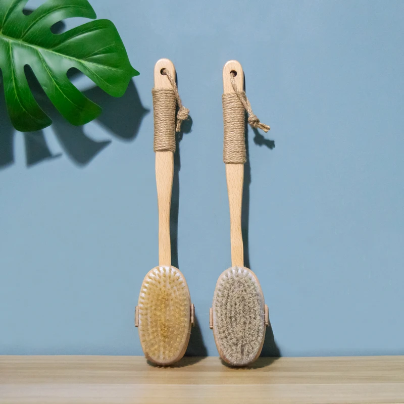 Beech Wood Long Handle Dry Skin Shower Brush Custom Natural Boar Bristle Body Shower Back Wash Bath Brush With Detachable Handle