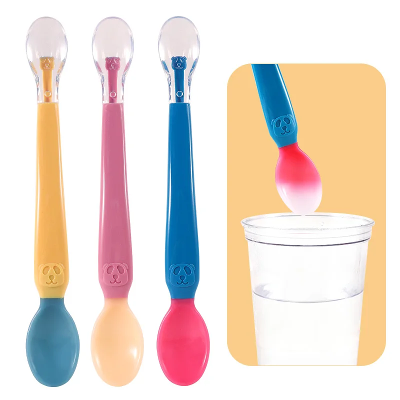 Hot Sale One-piece double heads silicone Temperature Sensing Spoon for baby