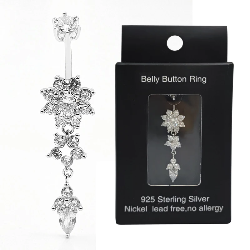 925 sterling silver belly ring cubic zircon Flower Shape belly bar Navel Piercings Jewelry