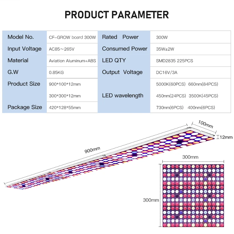 CFGROW 300W Full Spectrum Phyto Lamp LED Grow Light for Indoor Plants Flowers Greenhouse Growth Tent