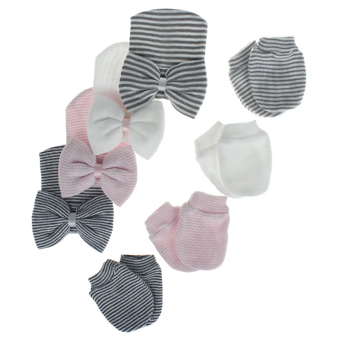 Newborn hospital knitted beanie hat mitten hand set 2 pcs sets baby newborn hat with bow