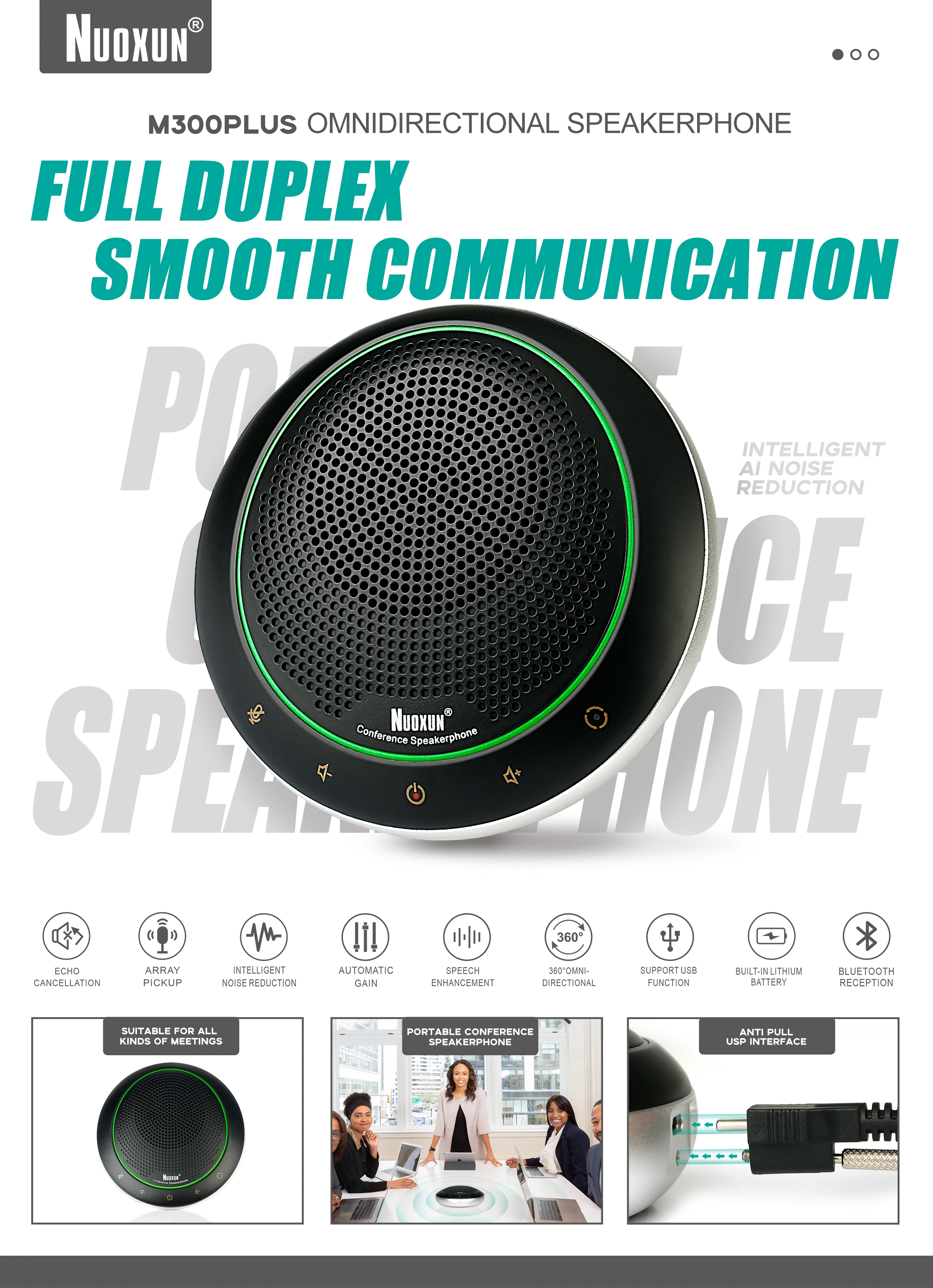 Wireless BT Speaker with Full Duplex Microphone for Conference Meeting M300PLUS Noise Reduction Speakerphone