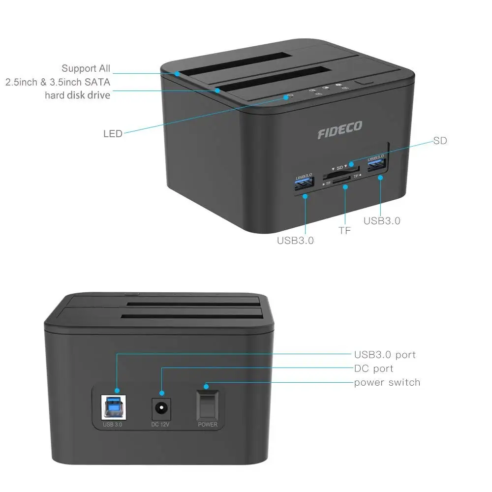 FIDECO All in One Multifunction Usb Duplicator Dual Bay Sata Hard Drives Disk Dock Clone Usb 3.0 Hdd Docking Station Clone