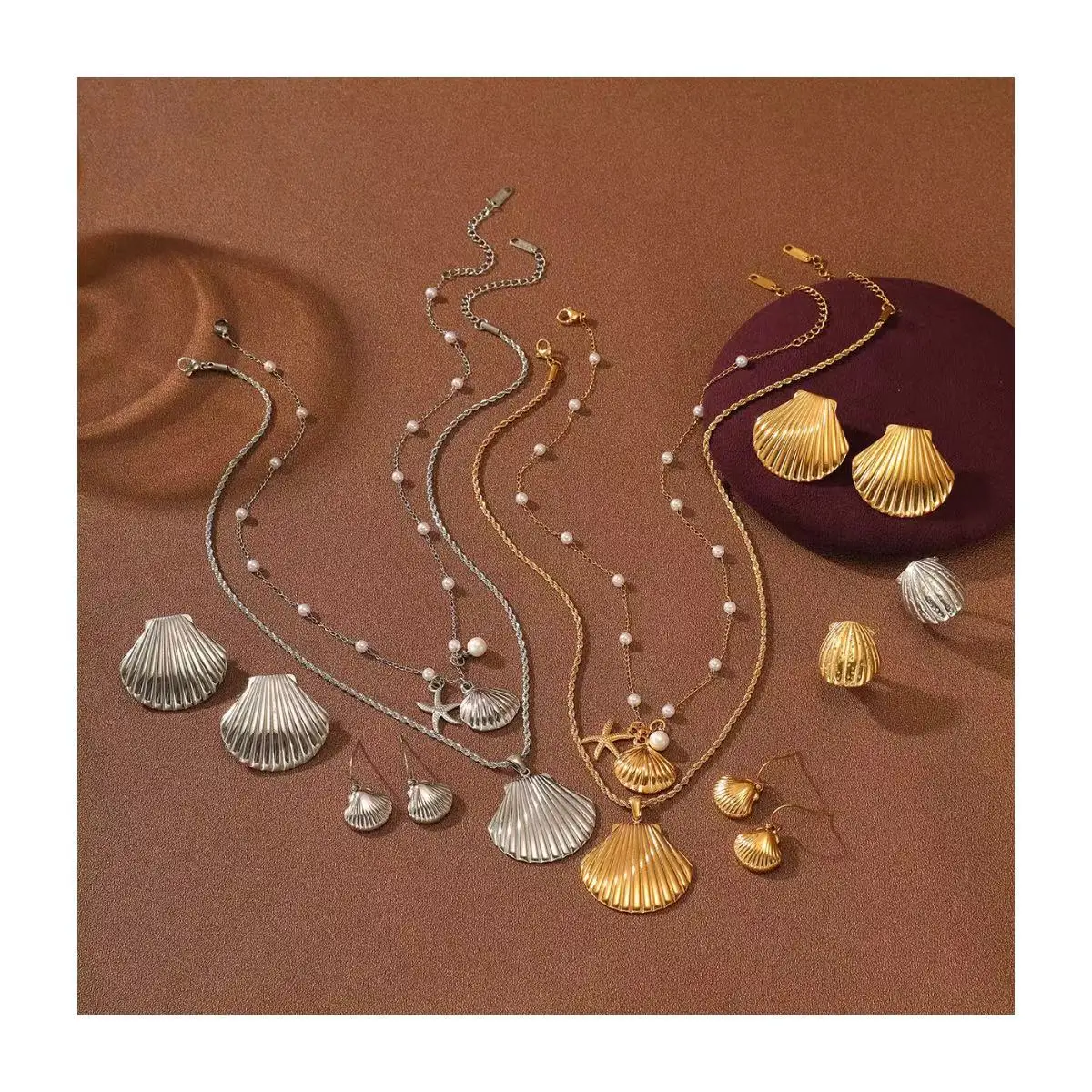 18K Gold Plated Stainless Steel Sea Shell Earring Ring Necklace set Beach Theme waterproof non tarnish jewelry