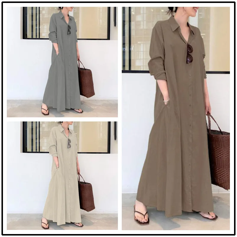 Hot Selling Women Clothing Long Linen Cotton Shirt Dress Casual Dresses