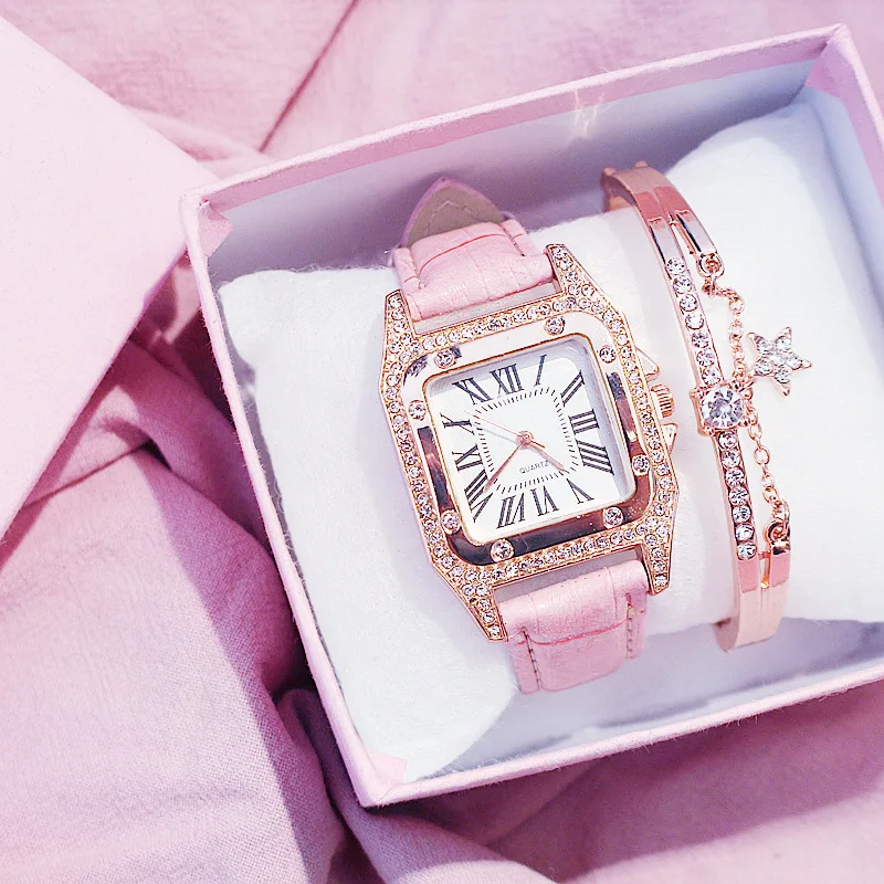 Hot Sale Women Ladies Fashion Leather Strap Square Diamond Quartz Wrist Bracelet Watches Gift Set for ladies women
