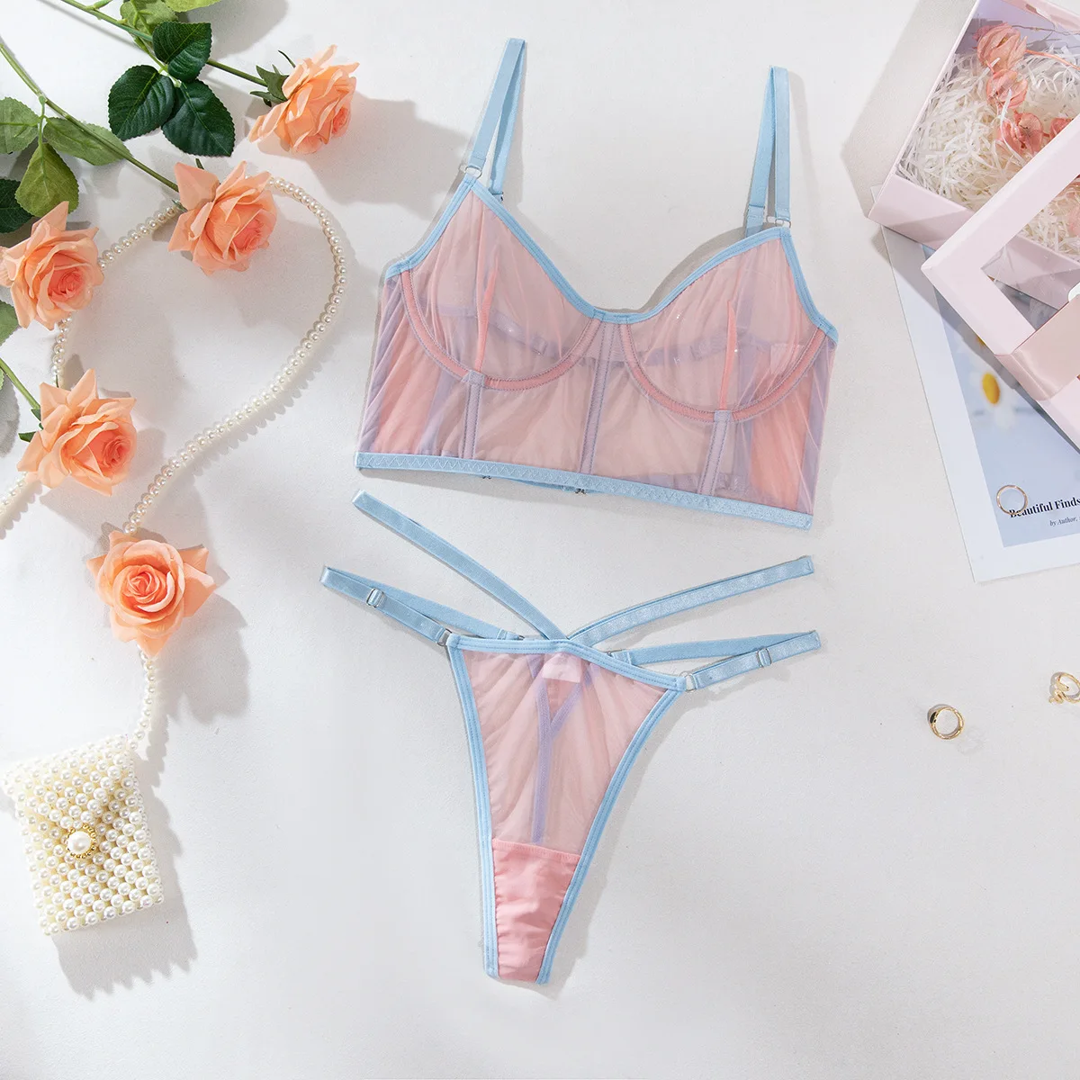 Factory Wholesale See Through Long Line Pink Mesh Breathable Bra And Thong Set Color Contrast