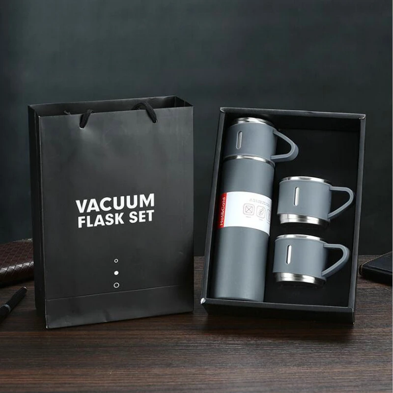 Wholesale Portable Keep Heat And Cold Business Gift Box Set 500Ml Thermos And Cup Set With Two Cup Cover