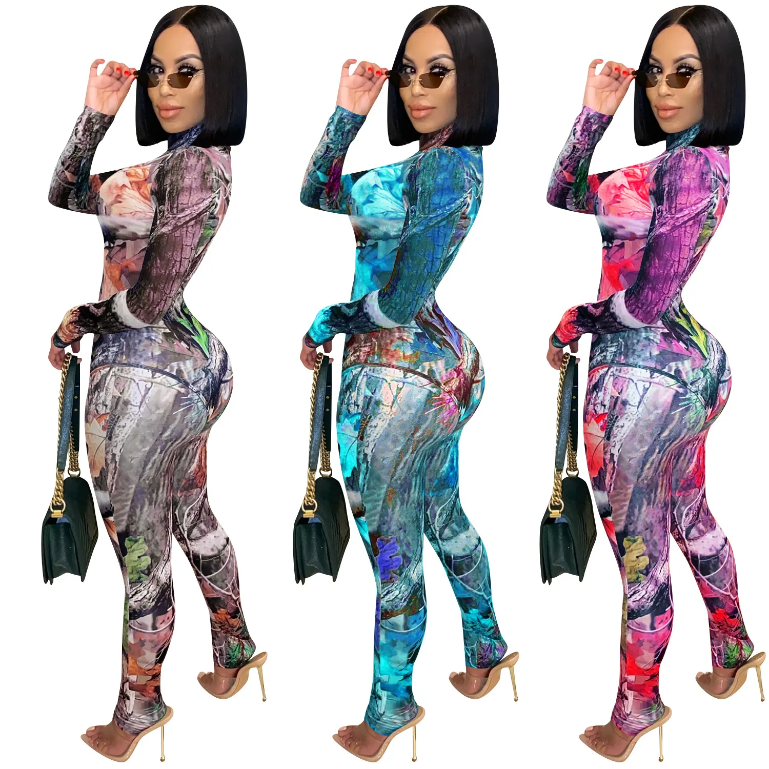 2022 spring women jumpsuits and rompers sexy long sleeve jumpsuit EDOSIR one piece bodycon autumn leaves jumpsuit women