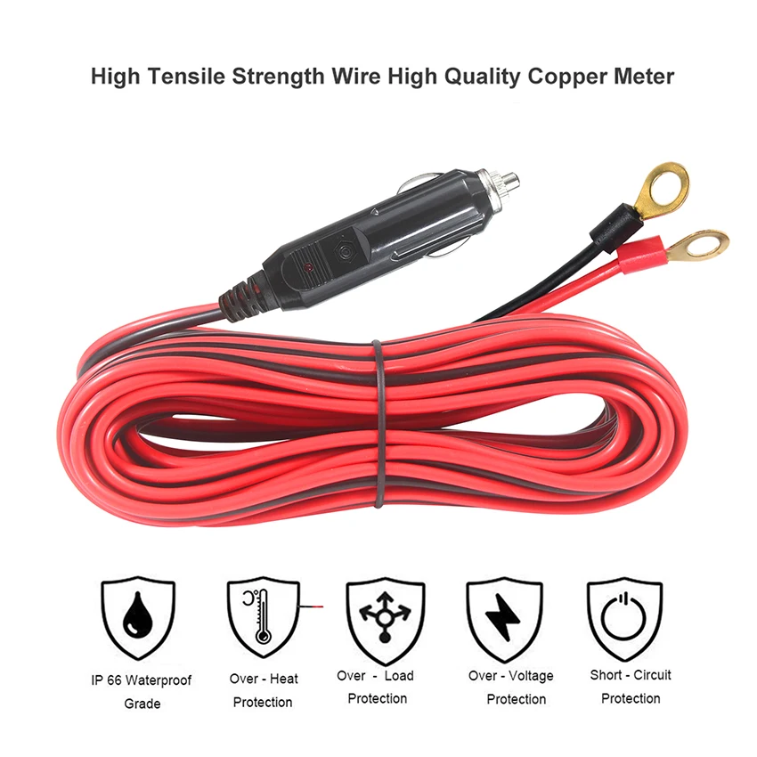 Cigarette Lighter Cord 18Awg Battery Charging 12V Connector O Ring Terminal Extension With 10A Fuse Cable