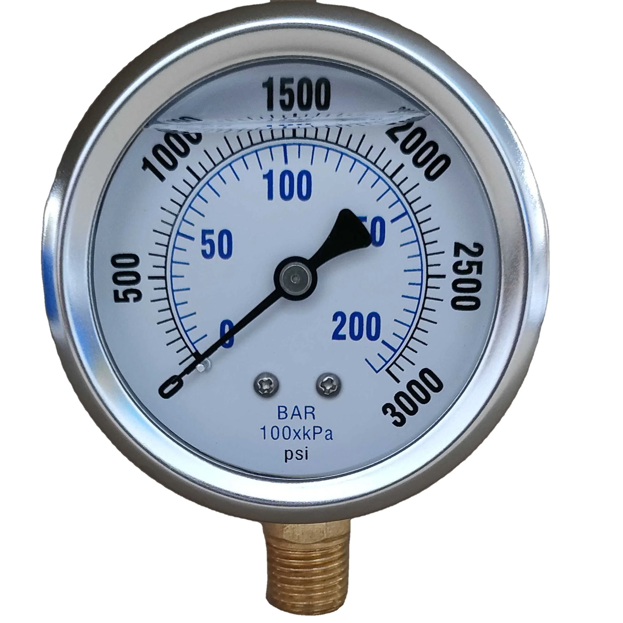 Customization Design 2.5 INCH L-A 0-3000psikPabar,14NPT Liquid filled bourdon tube oil pressure gauge