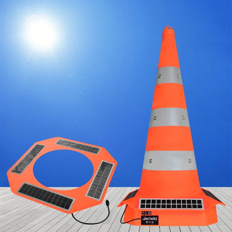 Factory Outlet Traffic Safety Cones Flexible 41~70cm USB Rechargeable Collapsible Road Work Cones with Solar Charging Panel