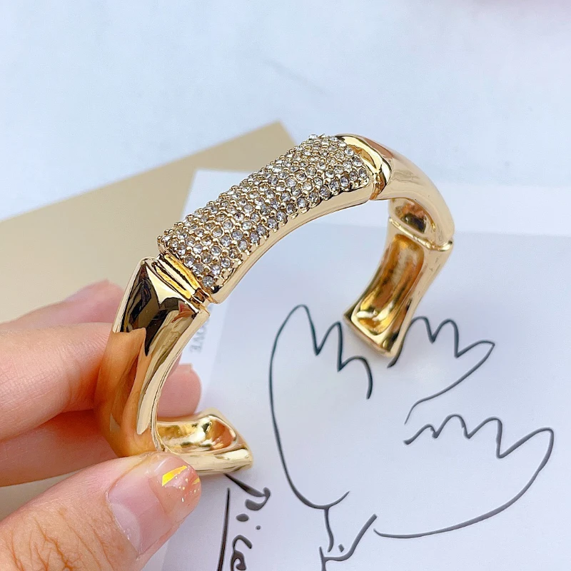Fashion Hot Selling 18K Gold-plated Bamboo Section Set With Diamond C-shaped Open Bracelet For Women