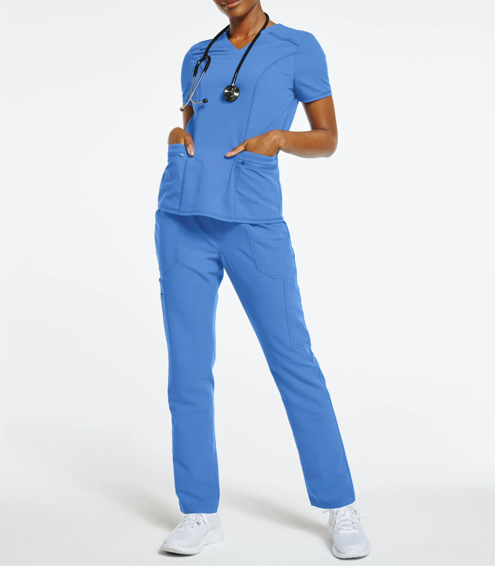 New Design  Medical Scrub Women Nursing  Uniforms Sets V-neck In Sky Blue