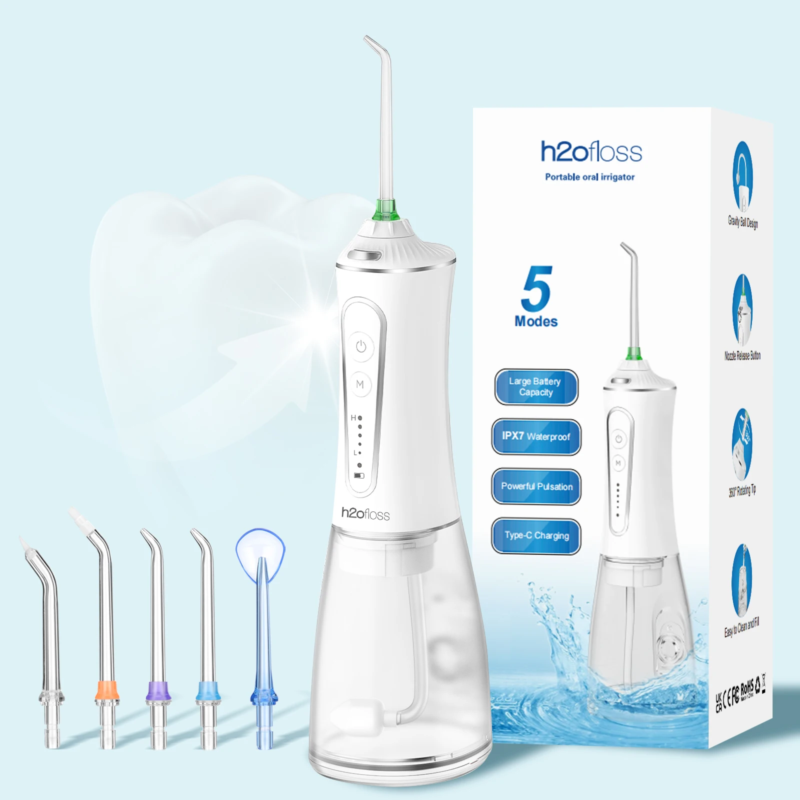 H2ofloss Professional Dental Portable Oral Irrigator waterjet Cordless and Rechargeable Water Flosser flossing toothbrush