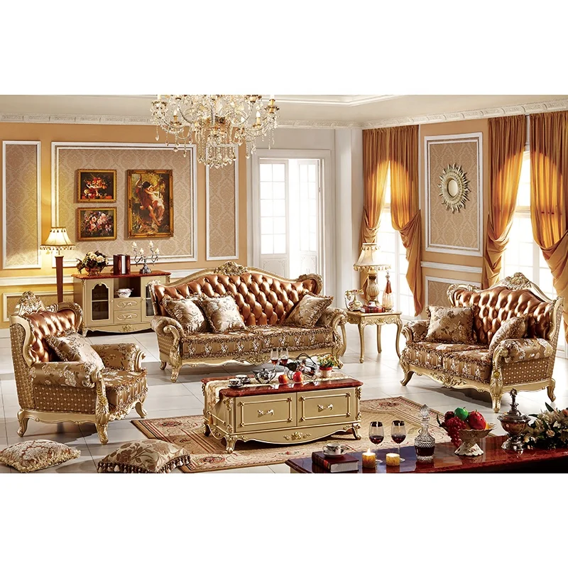 7 Seater Royal Luxury Antique Living Room Furniture Original Leather Sofa Set White And Gold Fabric Living Room Sofa Set