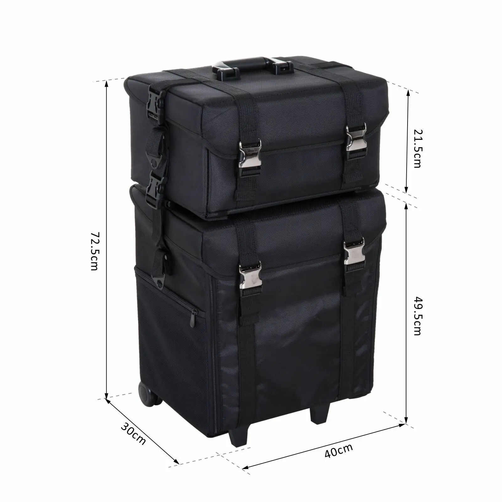 Women Rolling Makeup Case Trolley 2in1 Travel Cosmetic Train Cases on Wheels - Nylon Black Bags for Professional Make Up Artist