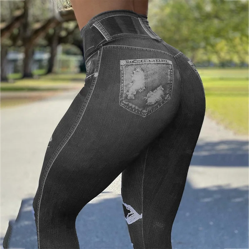 Factory Hot Sale Jeans Print Women High Waist Yoga Pants Running Sport Workout Leggings