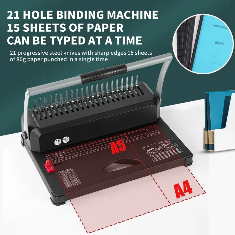 Manual 350 Sheets A4 297mm Letter Size Book 21 Hole Plastic Comb Binding Machine